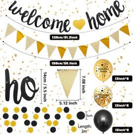 SWPEED Welcome Home Decorations, Welcome Home Banners Balloons Set,Black Gold Welcome Home Glitter Banner,Pennant Flag Bunting,Confetti Balloon,Round Garland for Home Family Boy Girl Baby Showers