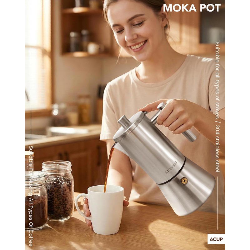 10oz 6 Cup Stovetop Moka Pot Food Grade Stainless Steel