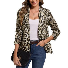MINTLIMIT Women's Animal Printed Blazers Open Front 3/4 Sleeve Blazer Jacket Outerwear with Pockets (Leopard, Size 2XL)