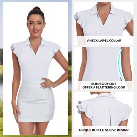 Soneven Women's Petal Sleeve Golf Shirts Floral Short Sleeve Polo Shirts Moisture Wicking Tennis Shirts Argyle