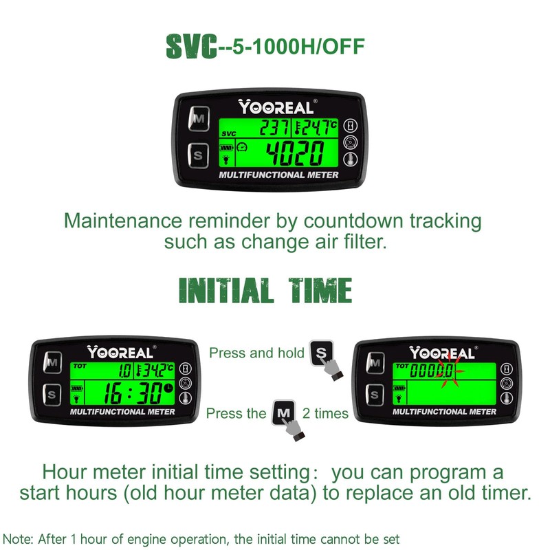Yooreal Engine Water Oil Temperature Gauge Digital Tachometer Hour Meter,Alert