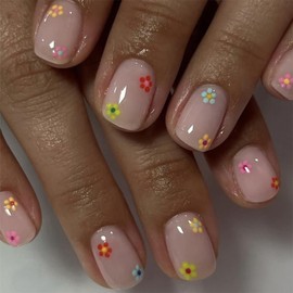 Short Press on Nails Nude Square Fake Nails Colorful Flowers False Nails with Design Full Cover Acrylic Nails Reusable Glue on Nails Summer Floral Stick on Nails for Women Girls 24 Pcs
