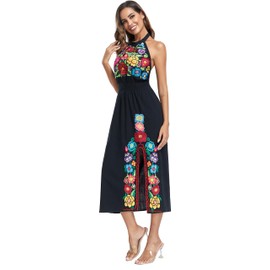 YZXDORWJ Women's Mexican Floral Embroidered Halter Neck Split Sleeveless Ruffle Party Long Dresses (S, 24BKR)