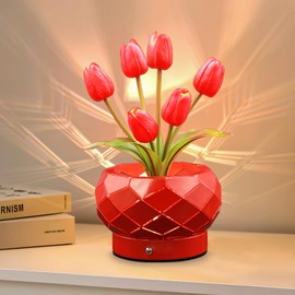 AMWGIMI Birthday Gifts for Women,Red Tulips Flower Home Decor Touch Table Lamp,3-Colour Dimming Rechargeable Cordless Battery Powered Small Night Light for Festival Housewarming Gifts for Mom