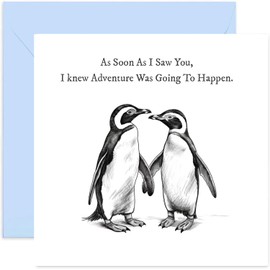 Old English Co. Wedding Anniversary Card for Husband - 'As Soon As I Saw You' - Romantic Penguin Card for Wife Girlfriend, Boyfriend, Husband - Sweet Quote For Couple | Blank Inside Envelope