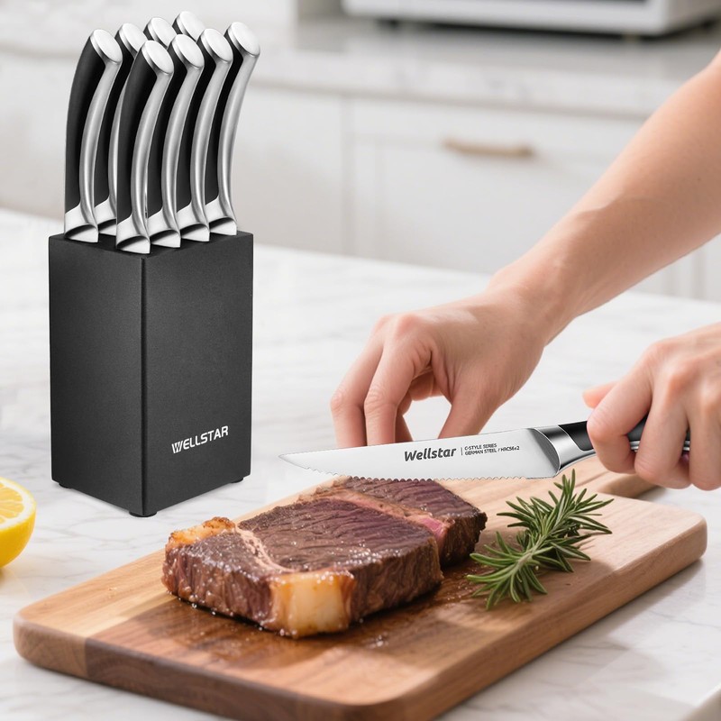 WELLSTAR Steak Knives Set of 8 with Wood Block, 4.75