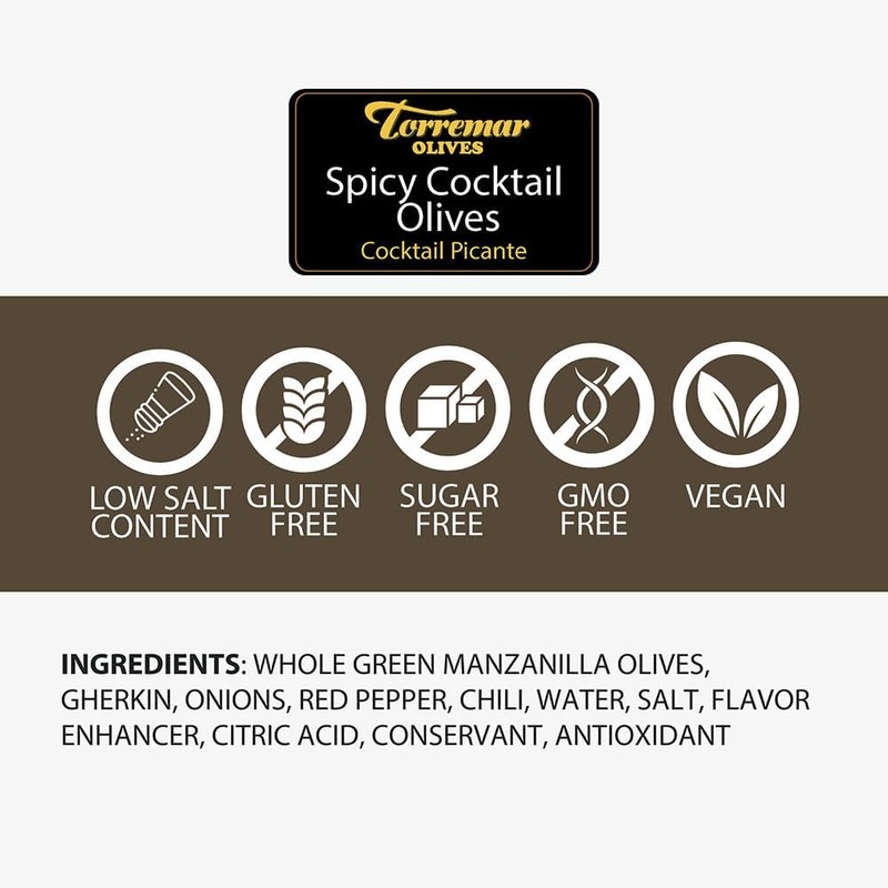 Torremar. Spanish Spicy Cocktail Olives. 580g (20.46oz). Pack of 2.