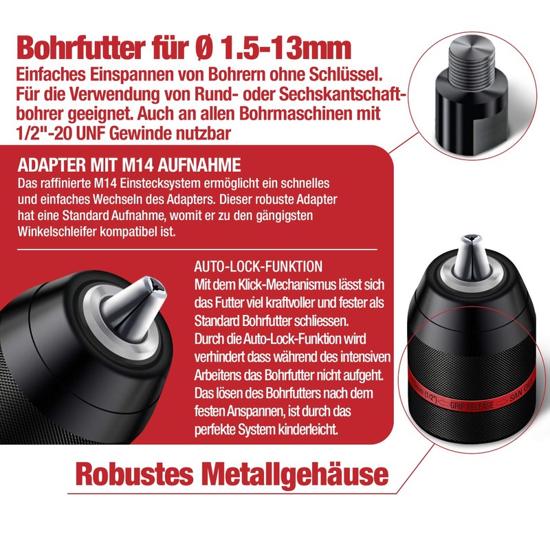 SCHWABENBACH ® 1.5-13 mm Keyless Chuck 1/2-20UNF with M14 Adapter