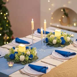 BLOSMON - Centros de mesa de flores de boda, 10 unidades de 14 pulgadas de diámetro, grandes, color azul real y blanco, anillos de vela artificiales para decoración de mesa, corona floral de primavera