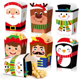 Zhanmai 60 Pcs Christmas Popcorn Boxes Christmas Treat Candy Boxes Christmas Reindeer Snowman Santa Claus Elf Paper Party Favor Boxes for Xmas Popcorn Cookie Goodie Gift Supplies Decor, 6 Designs