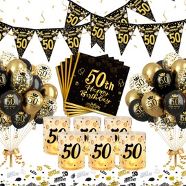 YEJIKJ Decoration 50th Birthday Boy, 50th Birthday Table Decoration Man Women, 50th Black Gold Birthday Decoration Balloons, 50th Happy Birthday Party Decorations Set with Lantern Confetti Napkins
