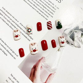 Resweky Pack of 24 Christmas Tree Short Oval False Nails Red Crystal French False Nails Print on Nails Full Cover Fake Nail for Women and Girls