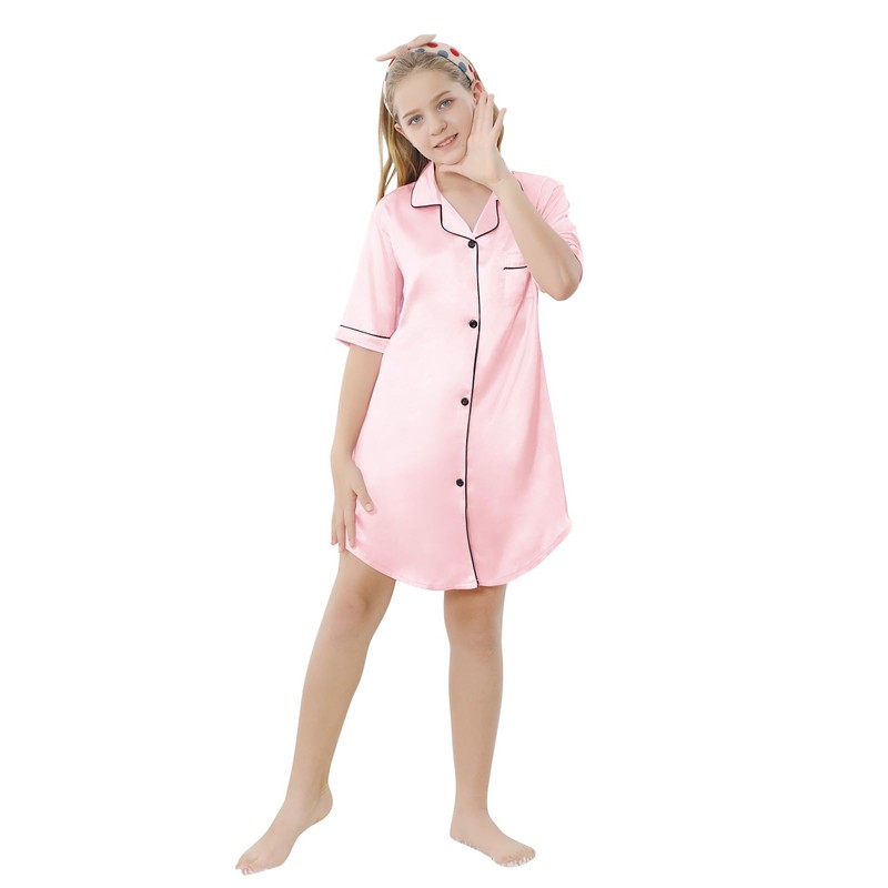 Schbbbta Girls Satin Nightgown Button Down Short Sleeve Silky Pajamas