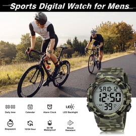 caprock Digital Watches for Men with Luminous Function, 5 ATM Waterproof, Men's Digital Watch, Sports Watch with Rubber Strap, LED Indicator/Alarm/Stopwatch, Khaki-green, Strap.