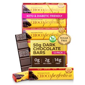 ChocoPerfection Sugar Free Dark Chocolate Bars - Keto-Friendly, Gluten-Free and Vegan - No Maltitol and Fiber-Rich with Low Glycemic & Low Carb Snacks - European Taste - Box of 12 Bars (50g each)