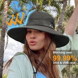 DRESHOW Women Sun Hat Outdoor UV Protection Hat Foldable Mesh Wide Brim Fishing Ponytail Beach Bucket Hats