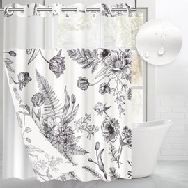 Culudea No Hook Floral Black White Shower Curtain with Snap in Liner Flowers Leaves Bath Curtain Bathroom Set with Double Layers Water-Repellent & Washable Mesh Top Window 71x74 Inch