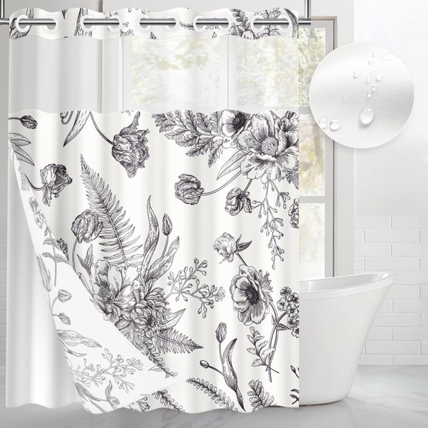Culudea No Hook Floral Black White Shower Curtain with Snap
