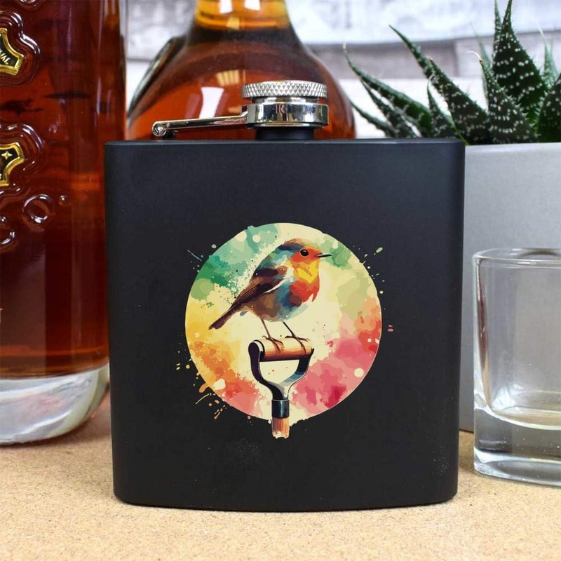 6oz (170ml) 'Robin on a Garden Spade' Pocket Hip Flask