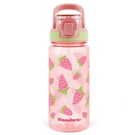 wooshwa Kids Water Bottle for School, 20 Oz Plastic Water Bottle with Silicone Spout and Pop-Up Cover, BPA Free & Dishwasher Safe (Strawberry)