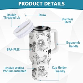 YNNALE 40 oz Tumbler with Straw & Handle - 2 in 1 Lids Leak Proof Tumblers - Large Insulated Stainless Steel Cup - BPA-Free Water Bottle Travel Metal Mug for Women Man,Cute Dogs Poodle Dachshund