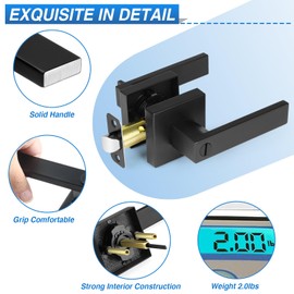 Plustool 5 Pack Matte Black Door Handles, Keyless Interior Door Knobs, Privacy Door Lever Locksets for Bedroom Bathroom, Heavy Duty Square Door Lock (2.0lb), Reversible for Left&Right Handled Doors