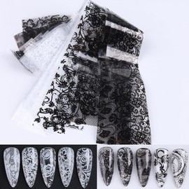 HYWWPFLAY 10 Sheets Lace Nail Foils Transfer Nail Art, Colorful Lace Series Nail Transfer Paper, Holographic Nails Foil Stickers, Manicure Design for DIY Nails Decoration (Black & White)
