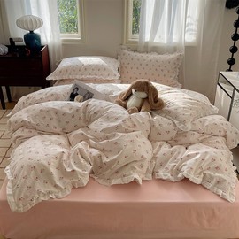 GETIYA Romantic Pink Flowers Bed Linen 135 x 200 cm Cotton Bed Linen with Ruffles Bed Linen Girls Ladies Floral Duvet Cover Two Piece Pink Flowers Duvet Cover with 1 Pillowcase 80 x 80 cm