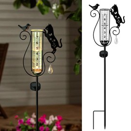 Hokfirm Rain Gauge Outdoor,Decorative Metal Black Cat and Bird Solar Light Stake with Rain Gauges Best Rated for Yard,Garden,Lawn, Pathway, 7" Glass Tube