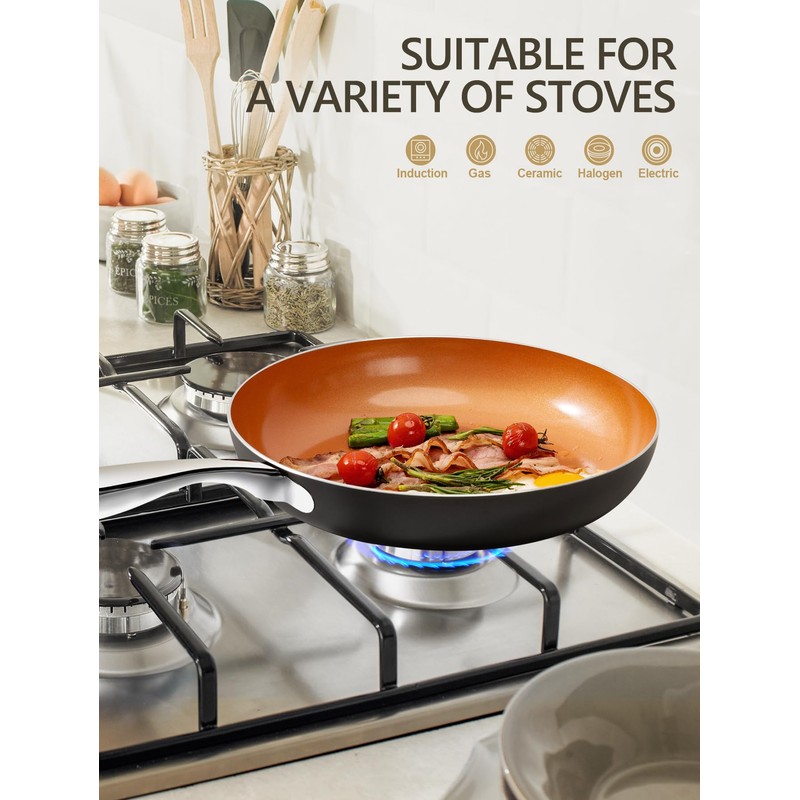 MICHELANGELO 10 Inch Copper Nonstick Frying Pan with Lid, Scratch