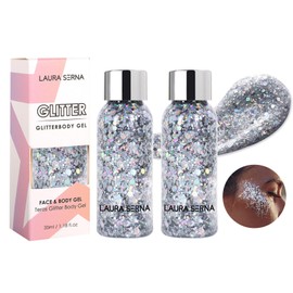 Glitter Body Gel, Face Glitter, Hair Glitter, Long Lasting Glitter Makeup for Face, Body, Eyes, Hair, Nails, DIY Art, Festival Accessories, Party Makeup Decoration, 35 ml * 2 Pieces