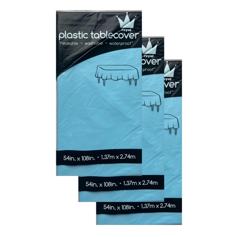 ROYAL7 3 Pack Light Blue, Rectangle Disposable Plastic Tablecloth for