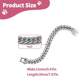 Cuban Dog Chain Collars, Silver Crystal Pet Necklace, Metal Pet Necklace with Safety Buckle Lock, for Small Medium Large Dogs Cats (8 Inch)