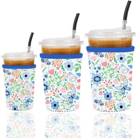 Reusable 3-Pack Iced Coffee Cup Sleeve, Insulated Neoprene, Beverage Holder for iced coffee, Durable Drink Sleeve for Cold Beverages, Butterfly Bloom