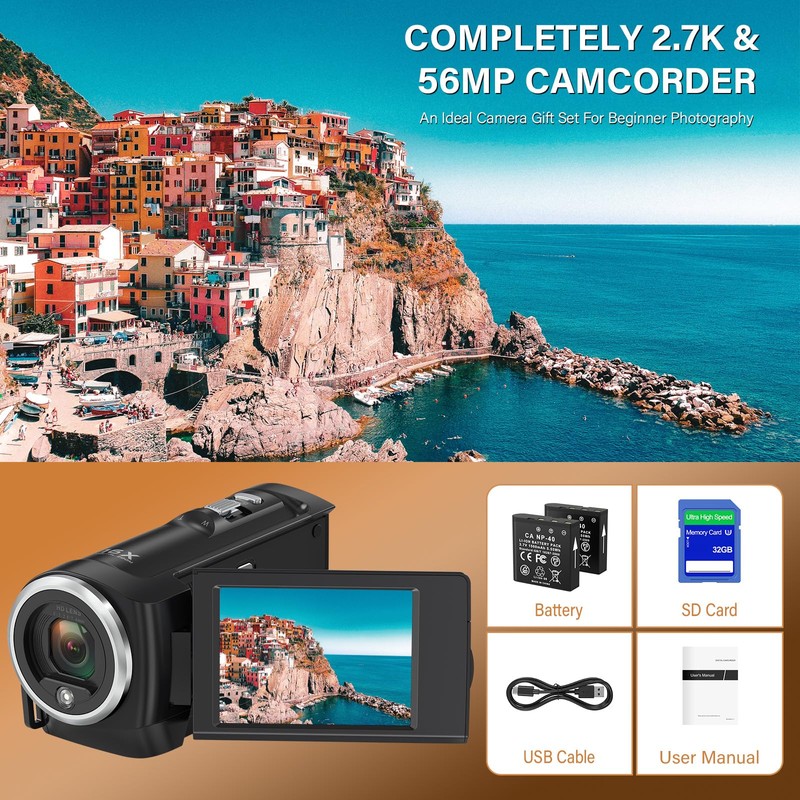 Muitune Camcorder Video Camera QHD 2.7K 56MP 16X Digital Zoom