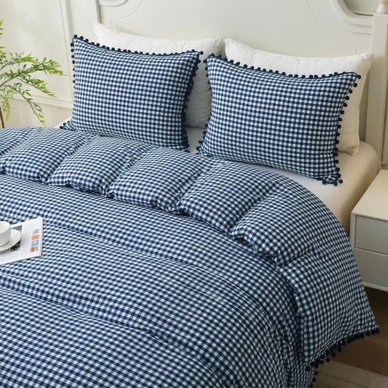 Mywinlle Navy Blue Gingham Pompom Duvet Cover Bedding Set Queen