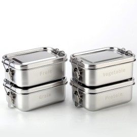 QinSuiKai 4 Pack Stainless Steel Lunch Box for Kids, 550ml Small Metal Bento Box Engraved with Food Words, Reusable Dishwasher Safe Stainless Steel Bento Box for Work, Outdoor, School (Food Series)