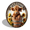 Welcome Sunflowers Highland Cow Metal Sign Round Wall Decor for
