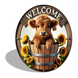 Welcome Sunflowers Highland Cow Metal Sign Round Wall Decor for Home Garden Coffee Bar Wall Decor Gifts 8 In (2528)