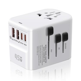 Aigostar Universal Travel Adapter, 45W GaN Charger Travel Plug Adapter worldwide with 2USB-C PD &2USB-A QC International Adapter 2 Pin 3 Pin, UK to European Plug for EU USA Australia Thailand Japan