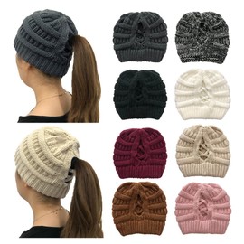 TMTGTS Soft Bun Winter Hat Women's Ponytail Messy Bun Beanie Tail Knit Slouchy Hat Warm Stretch Braids Hole Loop Slouch Knitted Hat for Women Girls Long Hair One Piece (1#)