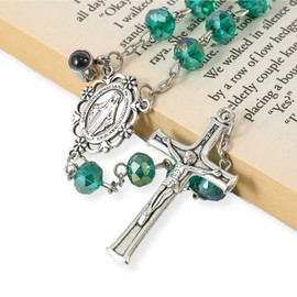 Nazareth Store Crystallized Green Beads Rosary Prayer Necklace Our Father Projection with Miraculous Medal and Jesus Cross
