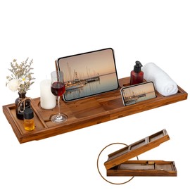 Teak Bathtub Tray - Luxury Bath Tray with Expandable Handles, Wine Glass and Phone Holders, Book Stand - Perfect for Home Spa Relaxation and Reading - Natural Bath Accessories - Light Walnut Color