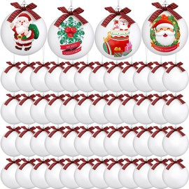 PullCrease 48 Pack 3.15 Inch Blank White Christmas Ball Ornaments for Crafting Large Plastic White Matte Christmas Tree Hanging Ornament with Plaid Bow DIY Christmas Ornaments to Make Craft Activity