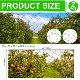 Windyun 2 Pcs Bird Netting 50' x 100' Bird Net Chicken Coop 2.4" Mesh Heavy Duty Deer Fence Aviary Net Reusable Fruit Tree Poultry Barrier for Garden Protection Vineyard Against Hawk Squirrel, Black