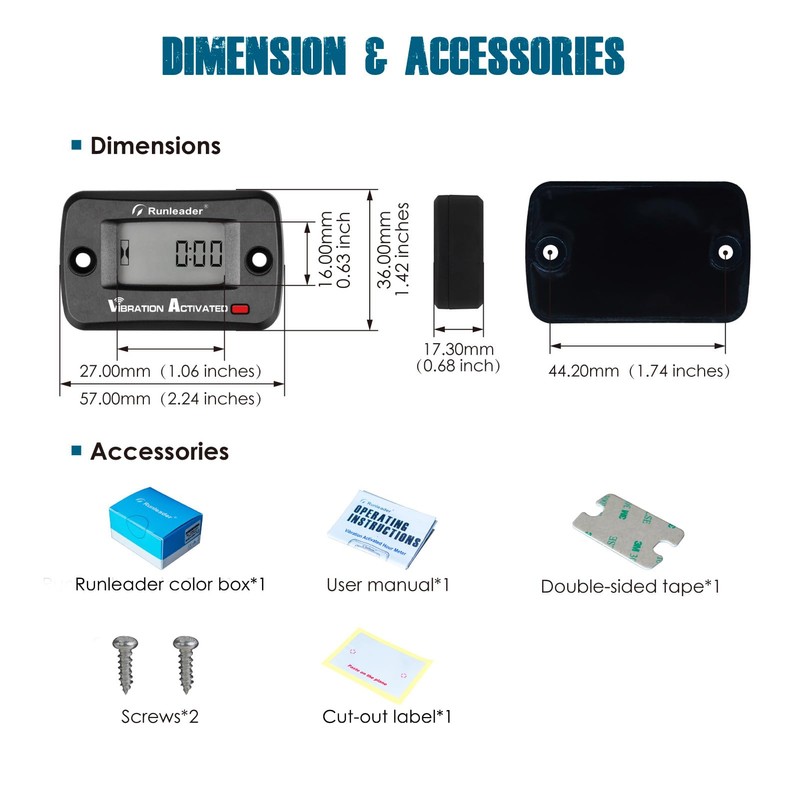 Runleader Digital Wireless Hour Meter, Vibration Activated, Maintenance Reminder, Resettable