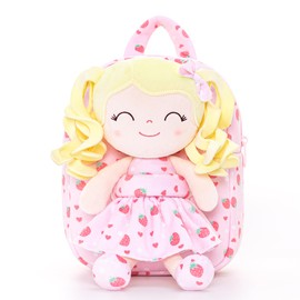 Gloveleya Toddler Backpack Baby Girl Gifts Curly Hair Plush Figures Dress Backpack Kids Backpack Curly Spring Girl Fruit - Strawberry 9inches