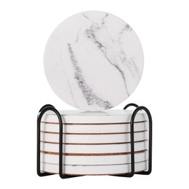 Drink Coasters Set of 6 - Marble Style Ceramic Round Coaster, Coasters with Holder and Cork Base, Ceramic coaster suitable for all kinds of cups, gift, for Women Men Home Decor, 4 ''