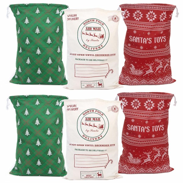 Pudgy Pedro's Party Supplies - Extra Large Christmas Gift Bags - Wrapping Paper Alternative - Reusable & Eco-Friendly Christmas Drawstring Gift Bags - Holiday Variety - 26 in x 19 in - 6 Pack