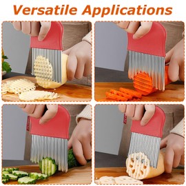 Crinkle Cutter for Veggies, Potato Fruit Wavy Chopper, Waffle Fry Cutter, French Fry Slicer, Stainless Steel Blade Cutting Tool, Red